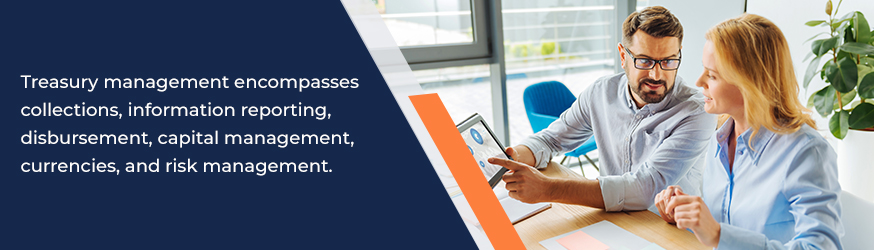 Treasury management encompasses collections, information reporting, and more.